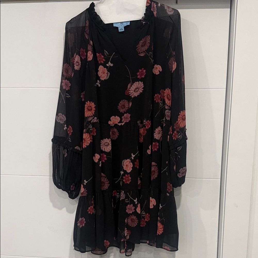 CeCe Black Dress with Pink Floral Design